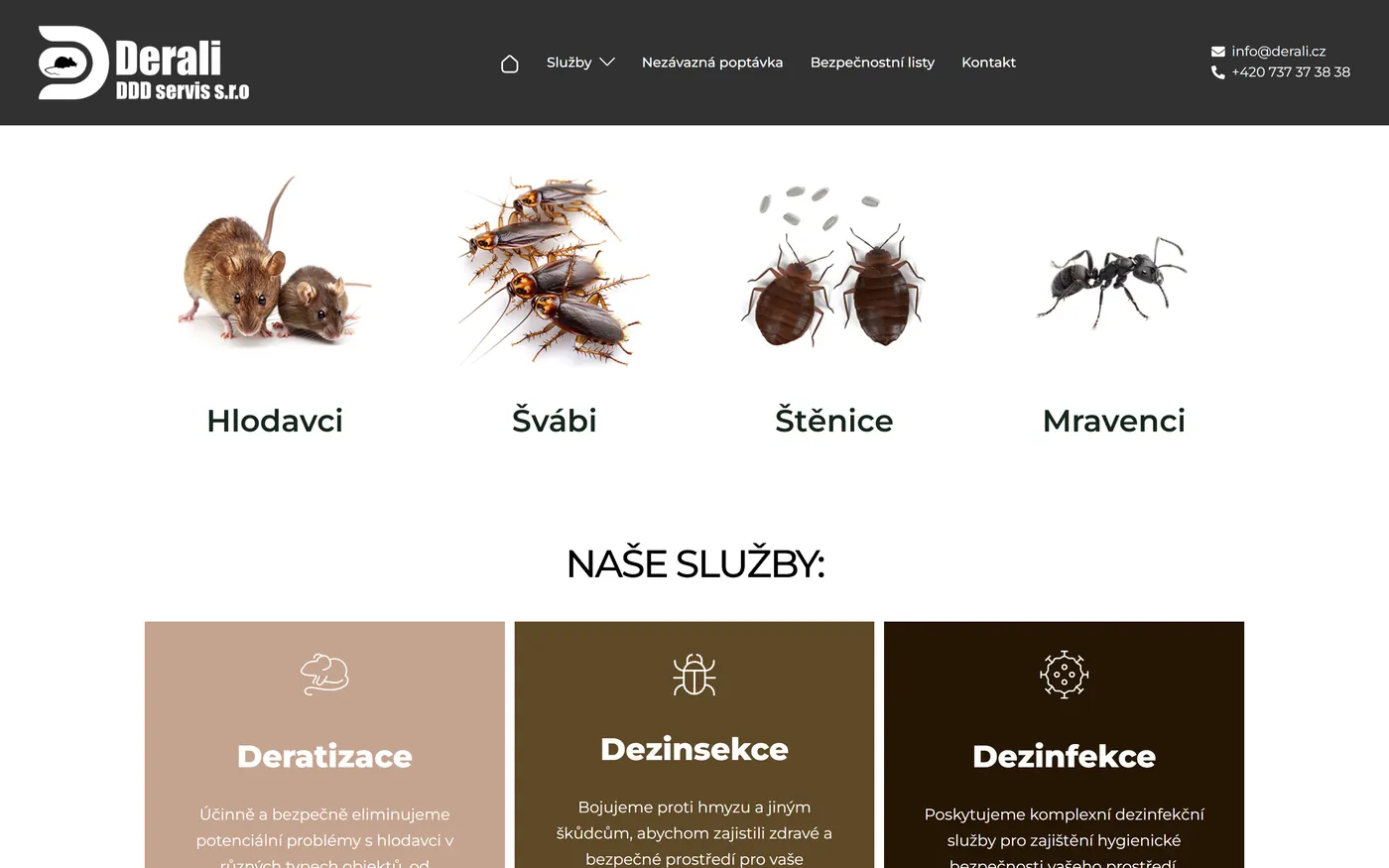 Úvodní stránka webu Derali DDD servis s přehledem škůdců a nabídkou služeb